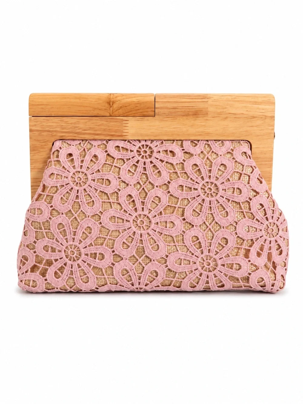 Women’s Pink Lace Floral Clutch with Wooden Frame